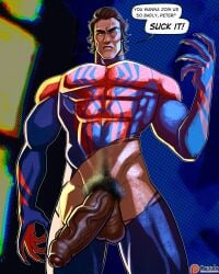 1boy abs balls bara biceps big_penis boner creedo erection foreskin gay hi_res highres hispanic hispanic_male male male_focus male_only male_pubic_hair marvel miguel_o'hara muscular muscular_male partially_retracted_foreskin penis solo solo_male speech_bubble spider-man spider-man:_across_the_spider-verse spider-man_(series) spider-man_2099 superhero_costume tagme tight_clothing vein veiny_penis