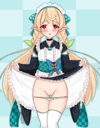 blonde_hair blush blushing exposed_pussy fairy kisaragi_1go lifted_by_self lifting_skirt looking_at_viewer maid maid_headdress maid_outfit nijisanji nijisanji_en panties panties_down pomu_rainpuff pussy red_eyes small_breasts thigh_gap uncensored virtual_youtuber