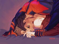 bite blood gay implied_sex male male_only marvel marvel_comics miguel_o'hara peter_b_parker red_eyes spider-man:_across_the_spider-verse spider-man_(series) wrist_grab