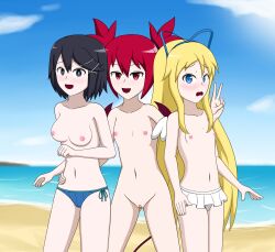 3girls alternate_version_available asagi_asagiri bandage beach blush blushing_at_viewer breasts disgaea embarrassed etna flat_chest flonne johnthems makai_kingdom makai_wars medium_breasts multiple_girls nippon_ichi_software ocean small_breasts topless topless_female