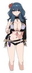 1girls alternate_costume bare_legs bare_midriff bikini black_bikini black_swimsuit blue_eyes breasts byleth_(fire_emblem) byleth_(fire_emblem)_(female) cape cleavage female female_only fire_emblem fire_emblem:_three_houses fire_emblem_heroes flower fried_bocky hair_flaps hibiscus knife knife_sheath large_breasts legs long_hair looking_at_viewer midriff nintendo official_alternate_costume sideboob solo standing swimsuit teal_hair v white_background