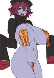 1girls 2023 big_breasts chinese_clothes chinese_mythology female female_only flat_colors hi_res houtengeki human jiangshi looking_at_viewer ofuda ofuda_on_nipples ofuda_on_pussy original pale_skin precarious_clothing purple_hair purple_skin qing_guanmao solo talisman taped_nipples taped_pussy thick_thighs white_background wide_sleeves yellow_eyes zombie