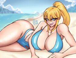 1girls armpits beach bikini blonde_hair breasts cleavage female female_only huge_breasts metroid outdoors ponytail samus_aran solo yaki_chun