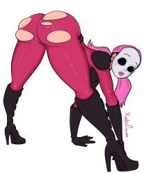 1girls ass ass ass_focus ass_up big_ass big_butt butt_focus clothed curvy curvy_figure dollface_(twisted_metal) female female female_only latex legs legs_apart mask only_female pink_hair robocream twisted_metal wide_hips