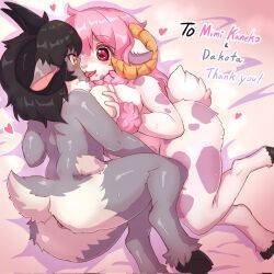 anthro anus arm_tuft ass bovid breast_grab breasts caprine cloven_hooves curved_horn dakota_(kaggy1) duo ewe eye_contact female female/female french_kissing fur furry grey_body grey_fur hair hand_on_breast heart hi_res hooves horn kissing lesbian looking_at_another looking_pleasured mammal mimi_kaneko_(magiaice) nude oohagari pink_hair sheep short_tail smile tail tongue tongue_out tuft white_body white_fur wrist_tuft yuri