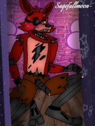 animatronic anthro blush bodily_fluids canid canine caught cum five_nights_at_freddy's fox foxy_(fnaf) genital_fluids machine male male_focus male_only mammal robot sagefullmoon scottgames solo solo_male sweat tagme