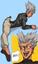 1boy ass ass_focus clothed clothed_male flexible fully_clothed garou_(one-punch_man) gray_hair insult insulting legs legs_apart legs_spread looking_back looking_down pose split_form splits spread_legs tagme talking_to_another text_bubble twitter white_hair yellow_eyes