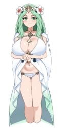 1girls alternate_costume bare_legs bare_midriff bikini breasts cape cleavage female female_only fire_emblem fire_emblem:_three_houses fire_emblem_heroes flower fried_bocky green_eyes green_hair hair_flaps hibiscus legs long_hair looking_at_viewer midriff nintendo official_alternate_costume rhea_(fire_emblem) rhea_(summer)_(fire_emblem) smile solo standing swimsuit white_background white_bikini white_swimsuit