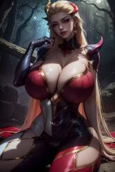 1girls ai_generated blonde_hair curvaceous curvy_body curvy_figure evelynn huge_breasts league_of_legends long_hair seductive_look stable_diffusion unartist