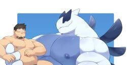 anthro anthrofied avian big_pecs blue_body blush brown_hair carrying carrying_another carrying_partner dragon duo generation_2_pokemon grin hair hi_res holding_partner human human_on_anthro interspecies larger_anthro larger_male legendary_pokemon lugia male male/male mammal multicolored_body musclegut muscular muscular_anthro muscular_human nintendo nipples nude o-ro pecs pokémon_(species) pokemon pokemon_(species) pokephilia pubes scalie size_difference smaller_human smaller_male smile white_body