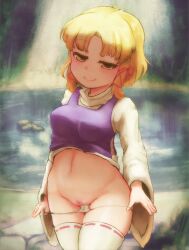 blonde_hair blush breasts censored closed_mouth clothes_lift commentary_request cowboy_shot female hair_ribbon highres kaabon_meshi long_sleeves looking_at_viewer medium_bangs medium_breasts moriya_suwako mosaic_censoring navel no_headwear no_pants panties panty_pull parted_bangs pulled_by_self purple_vest pussy red_ribbon ribbon ribbon-trimmed_thighhighs shirt shirt_lift short_hair smile solo thighhighs touhou turtleneck underwear vest white_panties white_shirt white_thighhighs wide_sleeves yellow_eyes