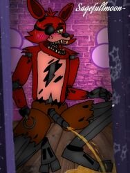 animatronic anthro blush bodily_fluids canid canine five_nights_at_freddy's fox foxy_(fnaf) machine male male_only mammal pee peeing peeing_on_ground piss pissing robot sagefullmoon scottgames solo sweat tagme urine