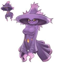 amber_eyes anthro breasts clothing female generation_4_pokemon ghost headgear hi_res mismagius nintendo pokemon pokemon_(species) purple_body purple_clothing simple_background smile solo spirit telepurte white_background yellow_sclera