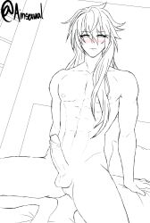 1boy abs ainsexual black_and_white blush honkai:_star_rail long_hair long_hair_male luocha_(honkai:_star_rail) male male_only nipples nude sketch