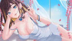 1girls big_breasts blonde_hair blue_eyes blush breasts brown_hair cleavage clothed clothing dress female female_only indie_virtual_youtuber indoors jewelry light-skinned_female light_skin looking_at_viewer on_bed solo sparkles two_tone_hair utada_zoey valerifgarcia virtual_youtuber yellow_nails