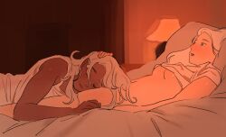 2girls cookie_run cream_puff_cookie cuddling dark-skinned_female dark_skin lap_pillow latte_cookie_(cookie_run) milfcookiesimp on_bed sleeping tagme wholesome yuri