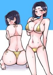 1girls 2023 alternate_version_available arm_behind_back ass belly bikini bikini_bottom bikini_top blush boku_no_kokoro_no_yabai_yatsu cleavage embarrassed female female_only gold_bikini gold_bikini_bottom gold_bikini_top golden_bikini golden_bikini_bottom golden_bikini_top long28 looking_at_viewer looking_back mature mature_female milf multiple_images multiple_scenes multiple_views navel simple_background sitting skinny solo standing sweat sweatdrop wariza white_background yamada_sanae