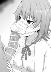 big_breasts big_penis blowjob blush fellatio inanaki_shiki isshiki_iroha mask my_teen_romantic_comedy_snafu naked_female nipples ribbon school_uniform sucking sweat