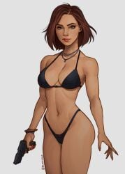 1girls bikini black_bikini black_widow_(marvel) blanclauz breasts brown_hair cleavage clothed curvy earpiece female grey_eyes gun highleg lipstick marvel marvel_cinematic_universe medium_breasts nail_polish natasha_romanoff necklace pistol red_lipstick red_nails scar solo standing