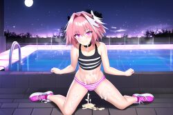 ai_generated astolfo_(fate) braid crop_top cum cum_on_face fate/apocrypha fate/grand_order fate_(series) femboy girly moon night novelai pink_eyes pink_hair pool sitting smile smiling sneakers striped_panties