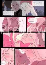 2girls blue_eyes comic cookie_run cream_puff_cookie dark-skinned_female dark_skin flustered grey_hair kiss kissing latte_cookie_(cookie_run) milfcookiesimp tagme white_hair yuri