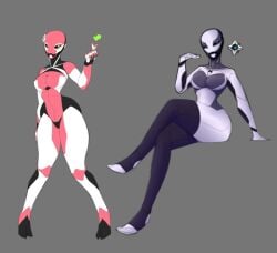 2d 2girls breasts bungie cleavage curvy curvy_female destiny_(game) destiny_2 exo female female_focus female_only ghost_(destiny) gray_background green_eyes heart large_breasts monty_nsfw monty_smug pink_body robot robot_girl robot_humanoid thighhighs white_body