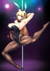 arm_behind_head armpits azur_lane barely_contained barely_visible_genitalia blonde_hair blue_eyes bowtie bunny_ears bunny_girl bunnysuit cameltoe club hairband huge_breasts long_hair looking_at_viewer no_shoes north_carolina_(azur_lane) open_mouth pantyhose pole pole_dancing pussy_outline sideboob skimpy skimpy_clothes steam steaming_body steamy steamy_breath steamy_pussy stonepuppeteer stripper_pole thick_thighs