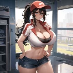 2020s 2023 adult adult_girl ai_generated anime big_breasts big_thighs blue_bottomwear breasts brown_hair busty cap cixf cleavage cleavage_cutout crop_top daisy_dukes denim_shorts exposed_belly front_view hands_on_hips huge_breasts league_of_legends light-skinned_female light_skin long_hair manga midriff one_leg_raised pizza_delivery_sivir ponytail ponytails riot_games shiny_breasts shiny_hair shiny_skin shoes shorts sitting sivir snapback sneakers standing thick_thighs thighs tomboy top_heavy two_tone_footwear two_tone_footwear_(blackandwhite) two_tone_headwear two_tone_headwear_(redandwhite)