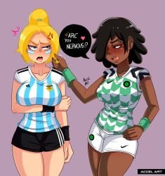 2girls accelart adidas argentina-chan_(accelart) blonde_hair blue_eyes dark-skinned_female edit interracial_yuri latina national_personification nigeria nigeria-chan_(accelart) nike world_cup yuri