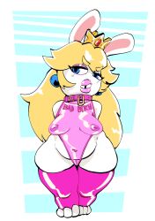 2023 anthro belly blonde_hair blue_eyes box_chan breasts clothing collar crossover crown female front_view full-length_portrait genitals hair hands_behind_back headgear hi_res lagomorph looking_at_viewer mammal mario_(series) mario_+_rabbids mario_+_rabbids:_kingdom_battle nintendo nipples portrait pussy rabbid rabbid_peach raving_rabbids slightly_chubby solo standing thick_thighs toeless_legwear tooth_gap translucent translucent_clothing ubisoft white_body wide_hips