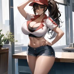 2020s 2023 adult adult_girl ai_generated anime big_breasts blue_bottomwear breasts brown_hair busty cap cixf cleavage_cutout crop_top daisy_dukes denim_shorts exposed_belly front_view hand_on_hip huge_breasts league_of_legends legs_together light-skinned_female light_skin long_hair manga midriff one_leg_raised pizza_delivery_sivir ponytail ponytails riot_games shiny_breasts shiny_hair shiny_skin shoes shorts sivir snapback sneakers standing thick_thighs thighs tomboy top_heavy two_tone_footwear two_tone_footwear_(blackandwhite) two_tone_headwear two_tone_headwear_(redandwhite)