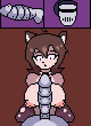 1boy 1girls animated big_breasts brown_hair cat_ears catgirl collar confused confused_look confusion kneeling looking_at_penis pierced_nipples piercing piercings pixel_art purple_eyes robot robot_humanoid robot_penis swinging_penis tagme thighhighs tomboy