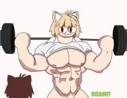 1boy barbell buff disamit mge mge_brother muscular_male neco-arc solo_male t-shirt weight_gain