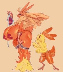 anthro big_breasts blaziken bodily_fluids breasts clothing combusken drawfruit duo erection female generation_3_pokemon genital_fluids hi_res huge_breasts male male/female nintendo pokemon pokemon_(species) precum undressing