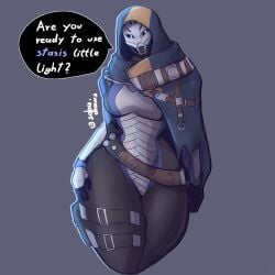 2d blue_eyes breasts bungie curvy curvy_female curvy_figure destiny destiny_(game) elsie_bray exo exo_stranger female female_focus female_only gray_background hand_on_thigh large_breasts monty_nsfw robot robot_girl robot_humanoid talking_to_viewer text text_bubble thick_thighs video_games