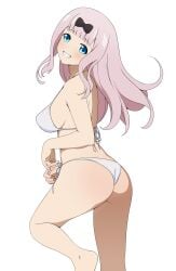 1girls :) accurate_art_style aqua_eyes ass bare_shoulders big_ass big_breasts bikini bikini_bottom bikini_top blue_eyes blush bra coro_fae female female_only fujiwara_chika happy head_tilt highres kaguya-sama_wa_kokurasetai_~tensai-tachi_no_renai_zunousen~ large_breasts light-skinned_female long_hair looking_at_viewer official_style one_leg_bent panties perky_breasts pink_hair sagging_breasts seductive sideboob smile solo standing swimsuit teeth thick_thighs underwear white_background white_bikini white_bikini_bottom white_bikini_top white_bra white_panties white_swimsuit