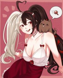 1girl ahoge animal bare_shoulders big_breasts black_hair blonde_hair bow breasts choker cleavage collarbone dog food hair_between_eyes hairband heart large_breasts long_hair looking_at_viewer mixed_hair_color mole mole_on_breast momotexx_(vtuber) multicolored_hair open_mouth pig pink_background red_eyes red_skirt sitting skirt smile solo twintails very_long_hair virtual_youtuber vyugen