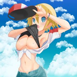 beach breasts convenient_censoring disgaea disgaea_6 hat large_breasts nippon_ichi_software octpus_tako piyori_nijino shirt_lift shirt_up sweat underboob