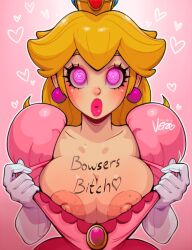 1girls blonde_female blonde_hair breasts dress female hypnosis hypnotic_eyes in_love mario_(series) mind_control nintendo nipples pomade princess princess_peach solo theartofvero