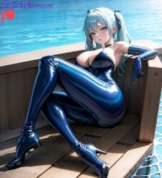 ai_generated bodysuit breasts female high_heels kuriboh_ex_(artist) latex latex_suit oppai rubber rubber_suit turquoise_eyes turquoise_hair