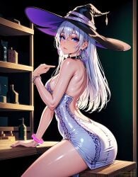 ai_generated ass blue_eyes elaina_(majo_no_tabitabi) fluffymammoth majo_no_tabitabi short_dress tight_clothing white_hair witch witch_hat