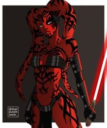 1girls armor body_markings darth_talon head_tails headwear holding_object lethan_twi'lek loincloth midriff navel red_lightsaber red_skin sith sith_eyes solo star_wars star_wars_legends tattoos thatpurplewitch_ twi'lek