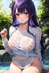 1girls ai_generated blush breasts female genshin_impact huge_breasts light-skinned_female light_skin long_hair outdoors purple_eyes purple_hair raiden_shogun stable_diffusion thighs wet wet_body wet_topwear