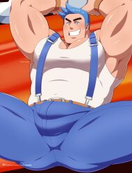 advance_wars arms_above_head arms_up big_pecs blue_hair brown_eyes buff buff_male bulge bulge_through_clothing clothed_male clothing edd_layerex fully_clothed legs_apart legs_spread looking_down male male_only manspreading max_(advance_wars) muscular_male smiling solo suspenders tagme white_tank_top