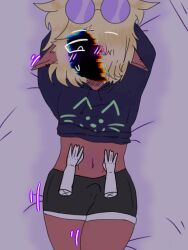 1boy ambiguous_gender arms_behind_head au bangs_over_one_eye belly_rub belly_rubs big_hips blonde_hair blush dakimakura earrings elf_ears elf_male femboy first_person_view glitch_face laying_on_back my myau night oc original_character senya sunglasses_on_head sweatshirt thighs_together y/n_(your_name)