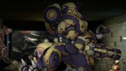 1girls 3d 3d_(artwork) ass demon dick genitals human male megasoma_orisa orisa overwatch penis robot robot_girl yellow_eyes