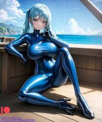 ai_generated bodysuit breasts female high_heels kuriboh_ex_(artist) latex latex_suit oppai rubber rubber_suit turquoise_eyes turquoise_hair