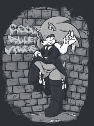 brick_wall condom_wrapper cuntboy earrings eyeshadow facial_piercing gloves graffiti intersex neonmixxed pussy scourge_the_hedgehog sonic_(series) sonic_the_hedgehog_(comics) thighhighs used_condom wearing_condom