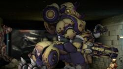 1girls 3d 3d_(artwork) ass demon dick genitals human megasoma_orisa orisa overwatch penis robot robot_girl yellow_eyes