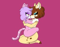 andrea_(honibnuuy) anthro ass big_breasts big_butt bodily_fluids breast_squish breasts breasts_frottage crossed_legs darline_(honibnuuy) deer duo felid feline female female/female hi_res honibnuuy kissing mammal saliva saliva_on_tongue squish thick_thighs